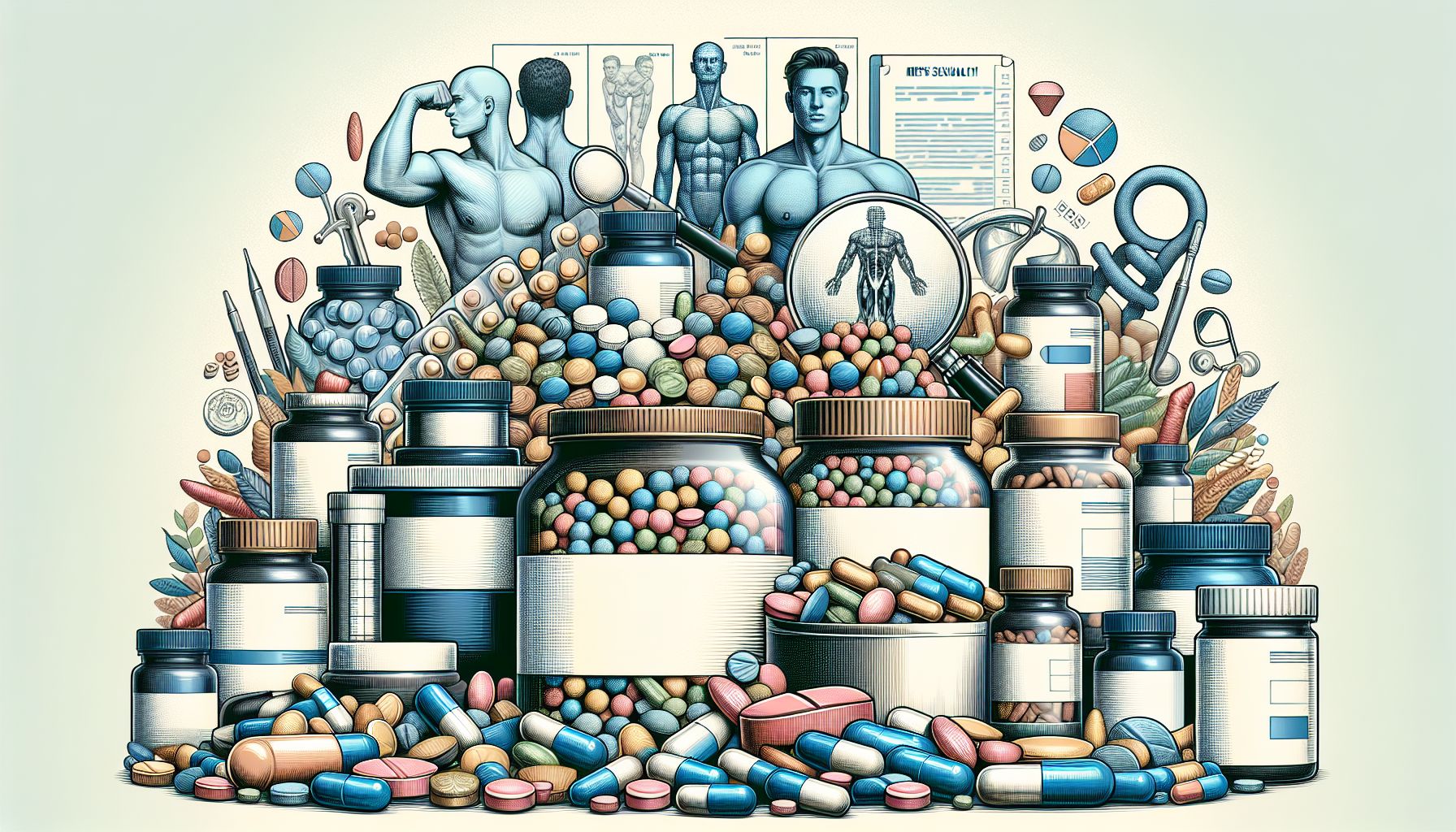 Image of various men's sexual health supplements in a bottle